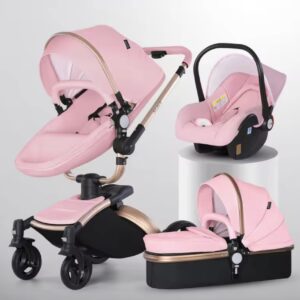 نوزاد ۳ در ۱، کالسکه چرمی PU با صندلی خودرو