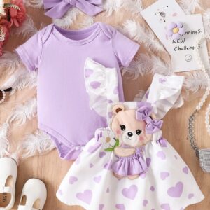 ست سه‌تکه لباس نوزادی دخترانه با طرح خرس کارتونی