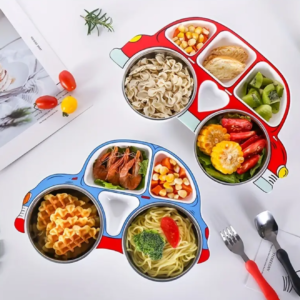 سرویس غذاخوری ۴ تکه استیل طرح ماشین کارتونی به‌همراه درب، مقاوم و ضدضربه