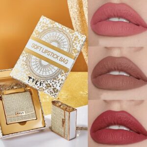 ست سه‌تایی رژ لب مات نرم با کیف چرمی دانتل‌دار