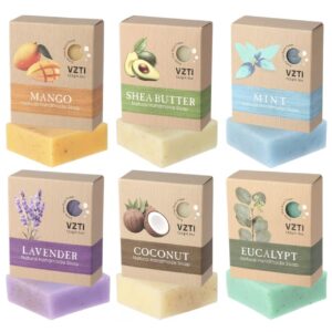 صابون دست‌ساز لایه‌بردار – ۳ عدد  حاوی عصاره‌های اکالیپتوس، نعناع فلفلی، اسطوخودوس، انبه، نارگیل و روغن شیا