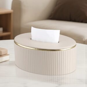 جعبه دستمال لوکس از چرم PU با تزئین طلایی – درب آهنی و پایه MDF