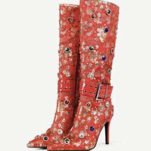 بوت زنانه قرمز با پنجه نوكتيز تا نيم ساق و پاشنه ۱۰ سانت