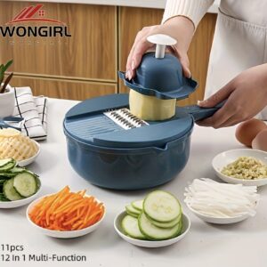 ست ۱۱ قطعه‌ای، خردکن چندکاره سبزیجات ۱۲ در ۱ – مناسب هویج، سیب‌زمینی، تربچه و سایر سبزیجات، شامل خردکن، رنده و اسلایسر