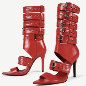 کفش پاشنه ۱۰ سانت زنانه قرمز با بند قابل جدا شدن  و زیپ