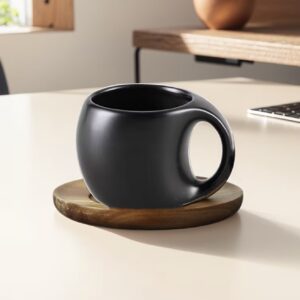 ماگ قهوه سرامیکی مشکی با نعلبکی چوبی | ۱ عدد، قابل استفاده در مایکروویو و ماشین ظرف‌شویی