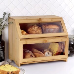 جعبه نان چوبی دولایه، قفسه نگهداری کیک، ظرف نان بامبو با درب شفاف