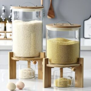 سطل برنج شیشه‌ای شفاف با کیفیت بالا برای نگهداری غلات، ظرفیت بالا با پایه، مجهز به شیر دستی برای تخلیه، با درب و پیمانه