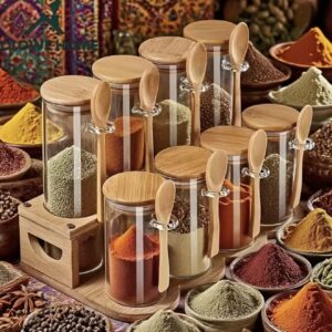 ست ۹ عددی ظروف شیشه‌ای با درب و استند نگهدارنده، همراه با برچسب‌های ضدآب و ماژیک برچسب‌نویسی