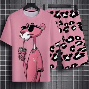 ست تی‌شرت آستین کوتاه و شلوارک پلنگ صورتی