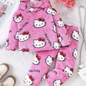 ست ۲ تکه دخترانه کیتی شامل:هودی بلند آستین بلند و کرکی و شلوار راحتی