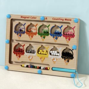 بازی آموزشی بستنی؛ تخته شمارش و دسته‌بندی رنگ‌ها دارای مهره‌های مغناطیسی و مکانیزم جابه‌جایی مهره‌ها، کمک به یادگیری رنگ‌ها، شمارش و تقویت هماهنگی دست و چشم،