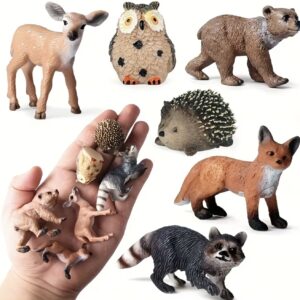 ست مدل حیوانات وحشی جنگل واقع‌گرایانه شامل جغد، روباه قرمز، جوجه‌تیغی و گوزن دم‌سفید، ساخته شده از PVC مقاوم