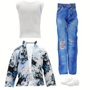 ست عروسک مردانه ۱/۶ برای DIY لباس‌پوشیدن شامل کت جین پرنس، تی‌شرت بلند و لوازم تزئینی لباس