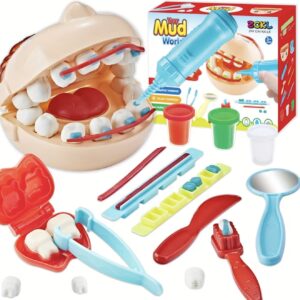 ست اسباب‌بازی دندان‌پزشکی با خمیر بازی و لوازم جانبی شامل ابزار خمیر بازی و قالب‌های پلاستیکی متنوع