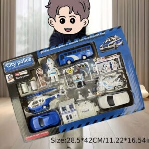 ست اسباب‌بازی خودرو شامل ماشین پلیس، وسایل نقلیه ساختمانی، ماشین‌های مهندسی و کامیون آتش‌نشانی