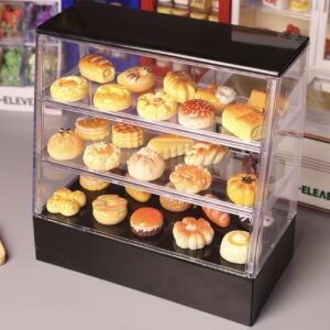 کابینت کیک مینیاتوری خانه عروسکی چندطبقه به‌همراه خوراکی‌های مینیاتوری