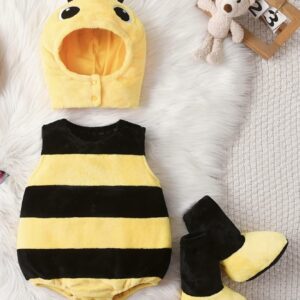 کاستوم زنبور کوچولو ست لباس یکسره پولیشی کودکانه – شامل کلاه، رامپر بدون آستین و جوراب‌دار، با طرح راه‌راه زرد و مشکی