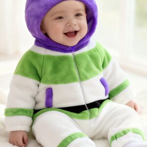 لباس یکسره پولیشی نوزادی کلاه‌دار – رامپر نرم راه‌راه یک‌تکه با کلاه،