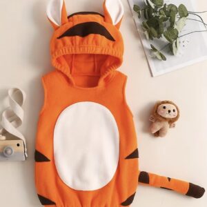 رامپر کلاه‌دار بدون آستین نوزاد و کودک نوپا – لباس راه‌راه مشکی و سفید با کلاه، فیت آزاد و راحت