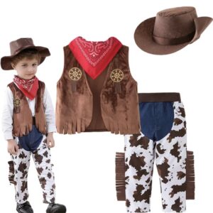 ست کاستوم داستان اسباب بازی‌ها چهار‌تکه: جلیقه + شلوار طرح گاوی + کلاه. لباس با تم مهمانی