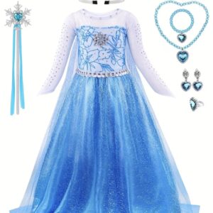 کاستوم فروزن پیراهن شاهزاده دخترانه آستین‌بلند، به همراه تاج، گردنبند و ست انگشتر