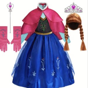کاستوم فروزن(السا،آنا)پیراهن شاهزاده شیک دخترانه، شامل لباس آبی با شال قرمز گل‌گون، کلاه‌گیس قهوه‌ای، عصا و دستکش، همه در یک ست ۵ تکه