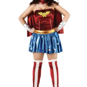 کاستوم ست کامل لباس زن شگفت انگیز شامل پیراهن، شنل، تاج، دست‌بندهای بازو و رویه کفش‌ها