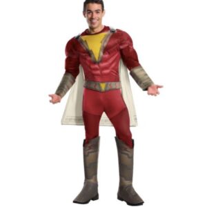 ست کامل لباس Shazam شامل رامپر با سینه عضلانی، رویه کفش و دست‌بندهای متصل، کمربند و شنل