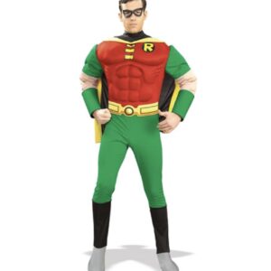 ست کامل لباس Robin شامل رومپر با سینه عضلانی، رویه کفش متصل، کمربند، شنل و ماسک چشم