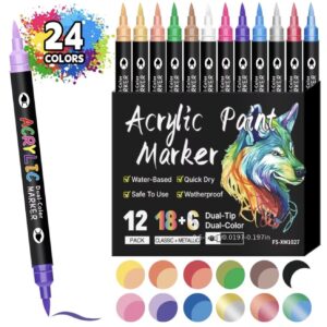 قلم‌های  ۲۴ رنگ آکریلیک دو سر برای، برای نقاشی روی سنگ، شیشه، بوم و سطوح مختلف