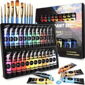 ست رنگ آکریلیک ۲۴ رنگ، شامل ۱۰ قلم‌مو، هر بطری ۳۶ میلی‌لیتر، رنگ‌های قابل ترکیب، ایده‌آل نقاشی روی کاغذ، سنگ، چوب، سرامیک و کاردستی