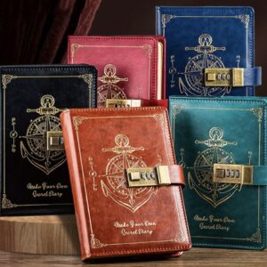 دفترچه B6 با قفل رمزدار به سبک رترو دارای صفحات داخلی بژ با خطوط افقی و قابلیت قفل کردن صفحات