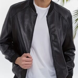 کت مردانه روزمره از چرم مصنوعی با آستر فلِیس، یقه بیسبالی