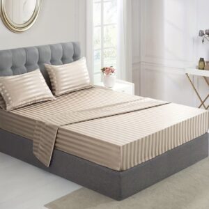 ست ملحفه ساتن راه‌راه ۳ یا ۴ تکه. شامل ۱ عدد ملحفه ساده، ۱ عدد ملحفه کش‌دار و ۱ یا ۲ عدد روبالشی (بدون بالش داخلی)