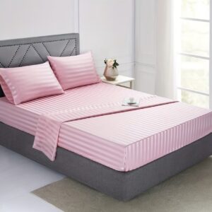 ست ملحفه ساتن راه‌راه ۳ یا ۴ تکه. شامل ۱ عدد ملحفه ساده، ۱ عدد ملحفه کش‌دار و ۱ یا ۲ عدد روبالشی (بدون بالش داخلی)