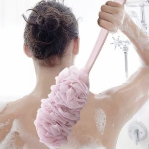 فرچه دوش با دسته بلند و اسفنج لوفا، مناسب لایه‌برداری و ماساژ پوست – ابزار حمام برای بدن، پشت و صورت