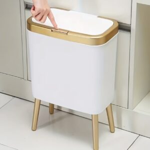 سطل زباله فلزی سفید پدالی با جزئیات طلایی – کنترل بو، ظرفیت بالا