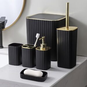 ست ۶ تکه سرویس بهداشتی شامل جا مسواکی، پمپ مایع دستشویی، سطل زباله، برس توالت به همراه جا‌برسی و جا صابونی