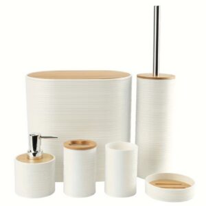 ست ۶ تکه سرویس بهداشتی، شامل سطل زباله، برس توالت، پمپ مایع دستشویی، جا مسواکی، لیوان دهان‌شویه و جا صابونی