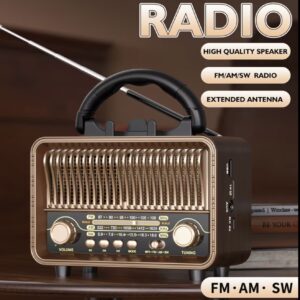 رادیو بی‌سیم با طراحی کلاسیک، پشتیبانی از AM/FM/SW، مجهز به باتری قابل شارژ، آنتن، ورودی AUX