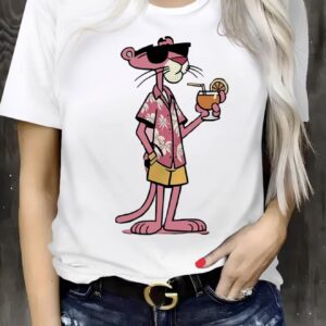 تیشرت زنانه با چاپ کارتونی پلنگ صورتی