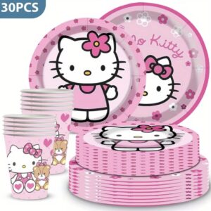 ست ۳۰ تکه لوازم‌خوری یکبارمصرف با تم هلو کیتی – شامل بشقاب، لیوان و سایر وسایل سرو غذا