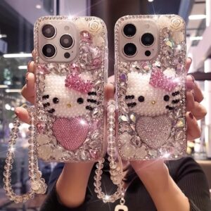 قاب گوشی هلو کیتی فانتزی با پوشش کامل، دست‌ساز، تزئین‌شده با نگین‌های کریستالی قلبی، دارای دستبند، موجود برای آیفون 16، 15، 14، 13، 12 و 11 پرو مکس