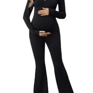 سرهمی بارداری زنانه شیک با یقه هفت و زیپ جلو، تک‌رنگ، کمر بلند