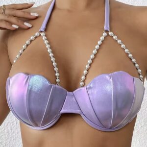 سوتین (مایو) دو تکه با کاپ طرح گلبرگ رنگ ثابت، تزئین شده با زنجیر مروارید و فنر دار