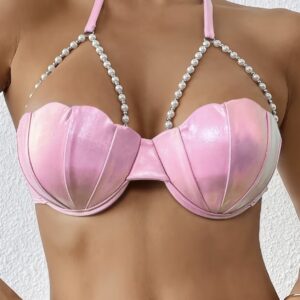 سوتین (مایو) دو تکه با کاپ طرح گلبرگ رنگ ثابت، تزئین شده با زنجیر مروارید و فنر دار