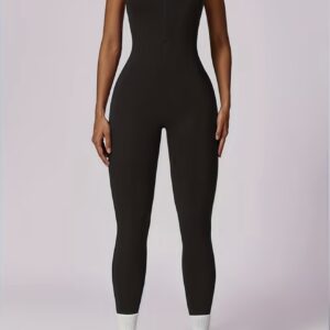 جامپسوت زنانه با پشتی V و فرم‌دهنده باسن، با استحکام بالا جذاب با زیپ جلو، بدون آستین، فرم جذب