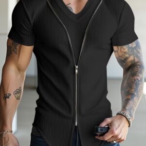 شرت یقه V با طراحی زیپ‌دار، آستین کوتاه، فرم جذب بدن (اسکینی)