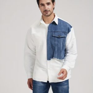 پیراهن مردانه با طرح جین آستین بلند با طرح پچ‌ورک و رنگ‌های متضاد،